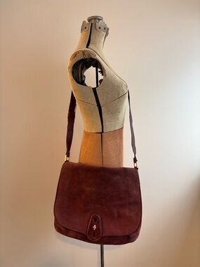 Cole Haan burgundy suede messenger bag with gold hardware